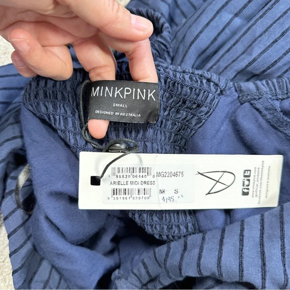 NWT MINKPINK Arielle Midi Dress Shortsleeve Striped Smocked Back Navy Black S - Picture 13 of 16